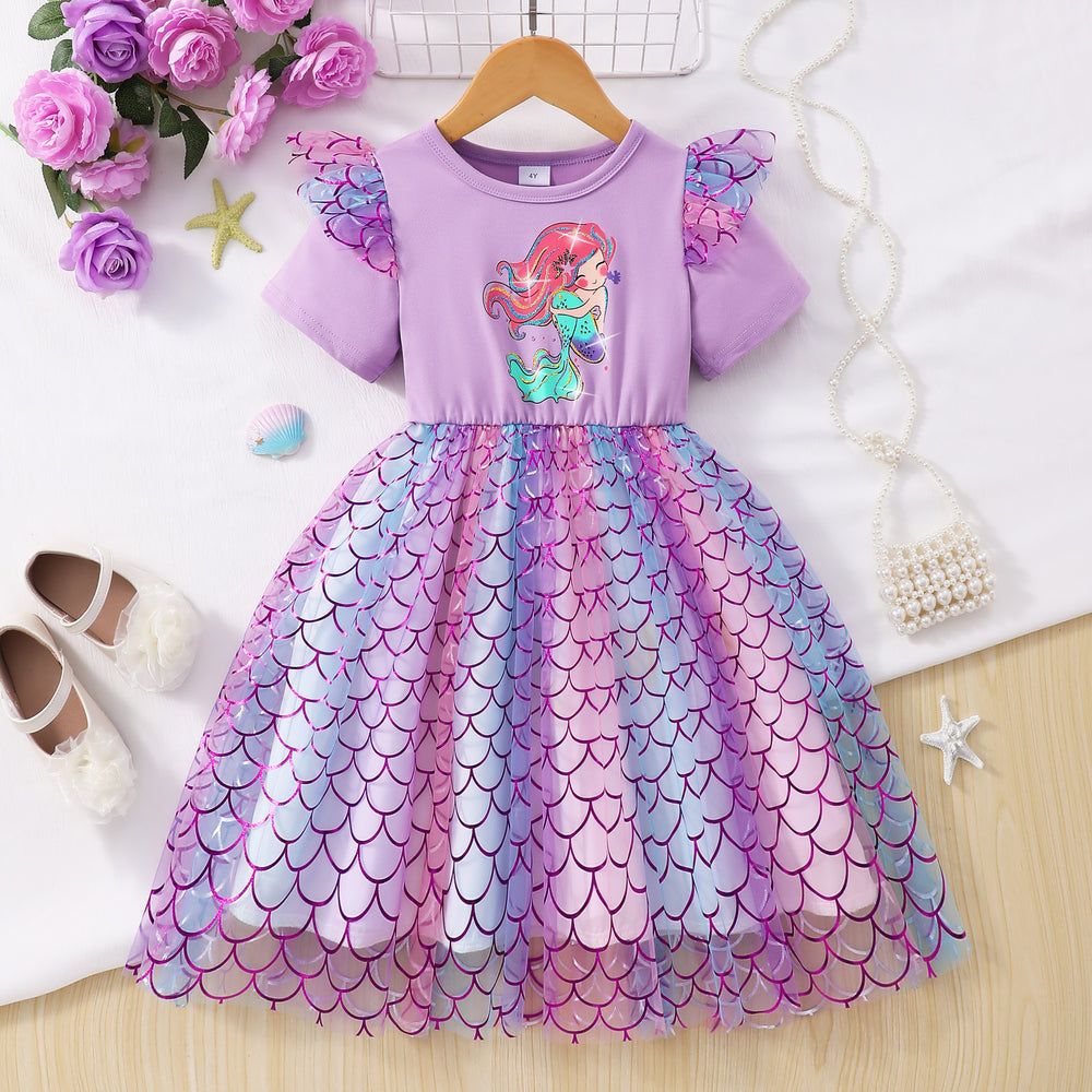 Girls' dress for toddlers and young children, printed short-sleeve mesh dress