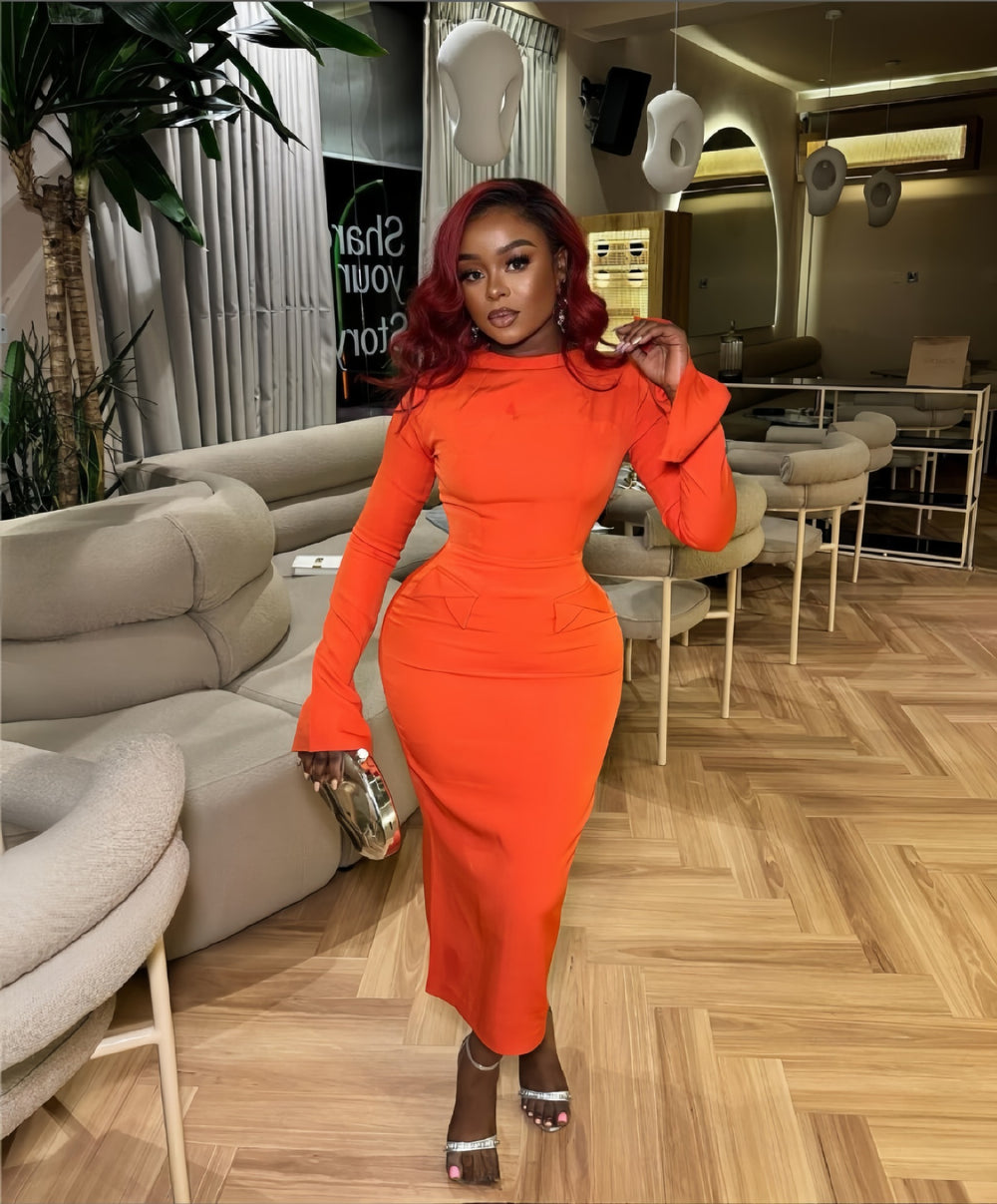 European and american cross-border women's fashion:  autumn/winter new collection - solid color long sleeve crew neck faux pocket bodycon slit maxi dress