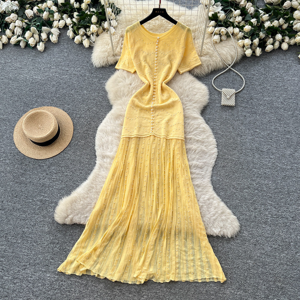 French style beaded knit dress - women's short sleeve high waist a-line dress - slimming, commute-friendly, elegant maxi dress