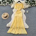 French style beaded knit dress - women's short sleeve high waist a-line dress - slimming, commute-friendly, elegant maxi dress