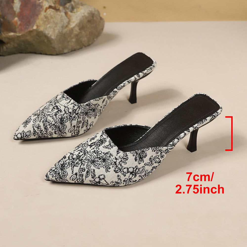 Summer pointed toe new chinoiserie cross-border high-heeled slippers 2026new arrival thin heel plus sizeprinting toe-cap half slippers for women