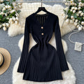 High-end women's dress  new french retro v-neck metallic buckle waist slimming inner layer knit dress