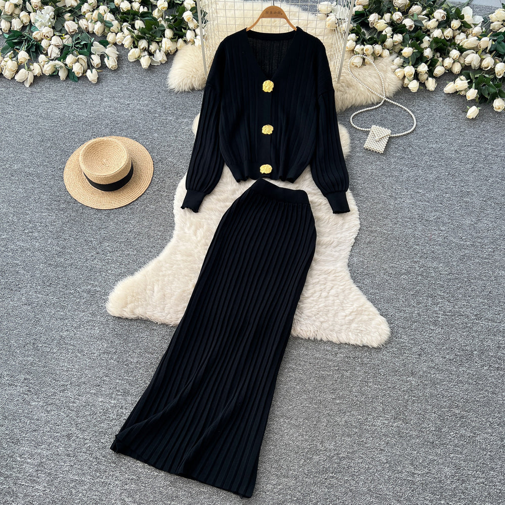 Lazy style metal buckle knittingcardigantopstwo-piece set women's autumclassy sense silm hip skirt suit