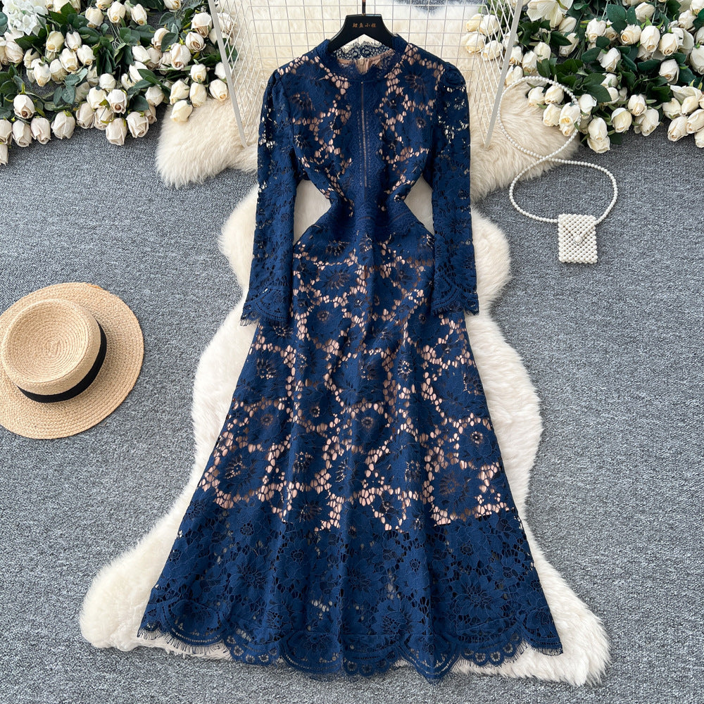 Frenchniche styleaccessible luxury socialiteclassy sense hook flower lacedress women's autum waist slimming lookelegant dress
