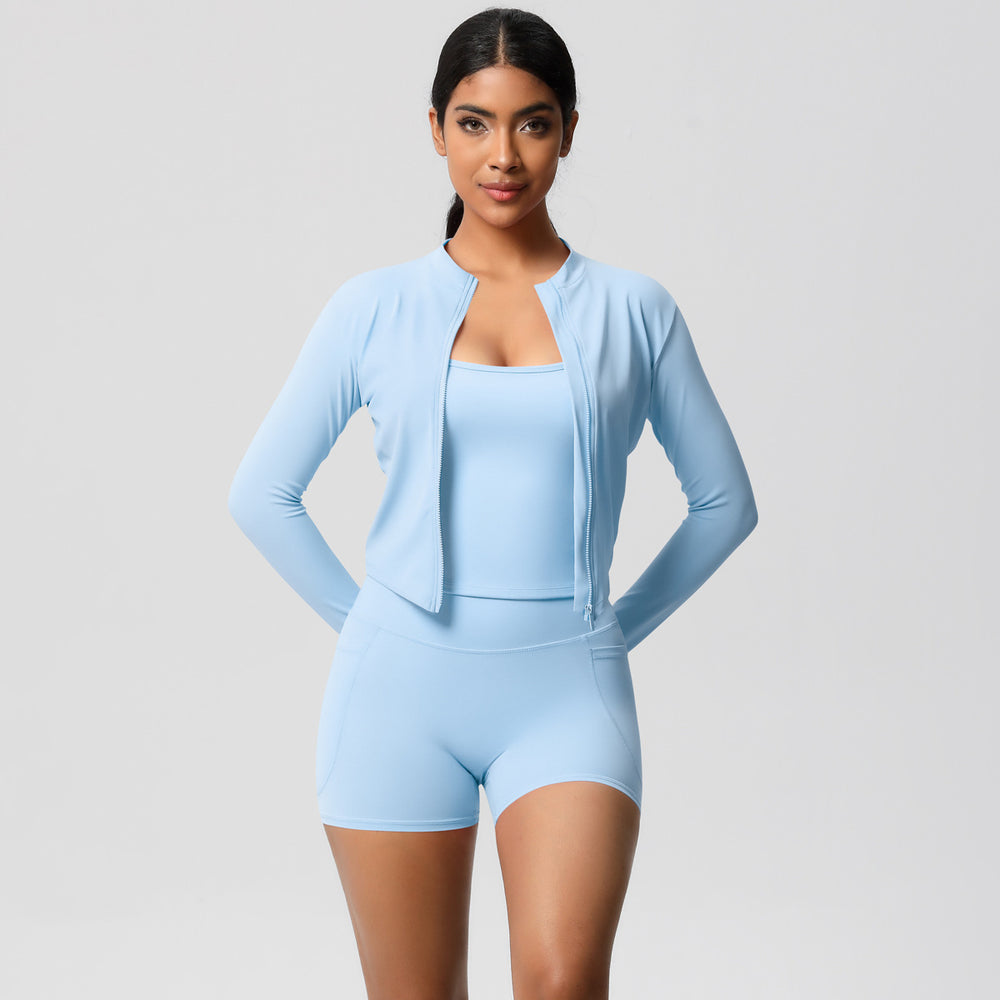Cloud-feel outdoor leisure sports three-piece set: high-waisted, tight-fitting, pocketed, quick-dry yoga, pilates, running, and fitness apparel