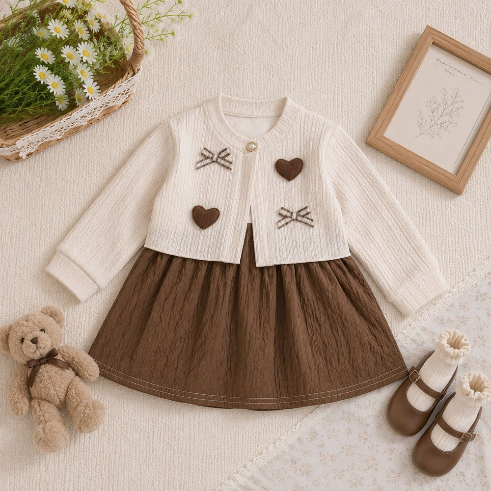 Girls' heart-shaped bow dress,  spring/autumn korean style, toddler cartoon cute dress, baby dress