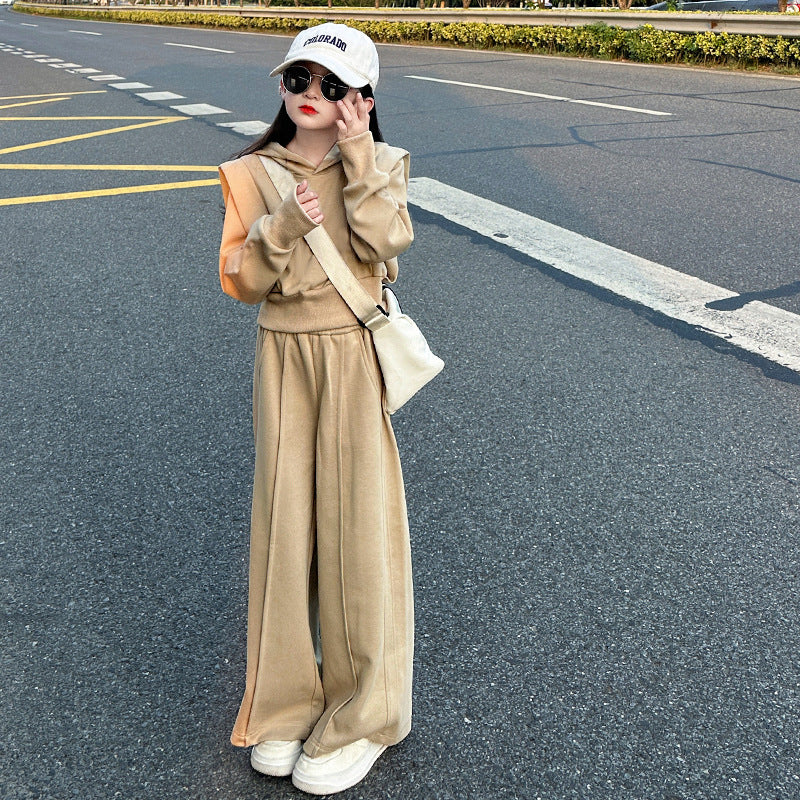 Girls' outfit set:  spring/autumn new arrival - casual hooded jacket & loose straight-leg pants, trendy two-piece set for mid-to-large children