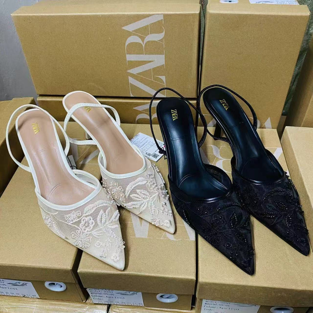 Zar 2024 autumn new arrivals: pointed-toe, closed-toe, open-back, solid color embroidered mesh stiletto mules