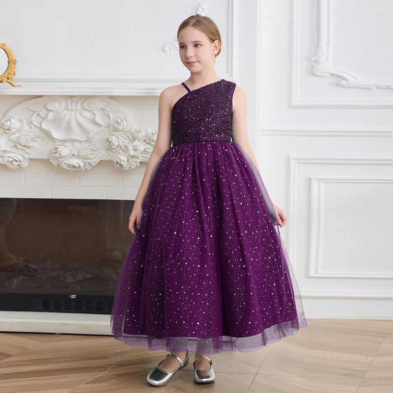 European and american export custom girls' dresses - one-shoulder, off-the-shoulder formal gowns - high-end sequin runway host/performance costumes for children