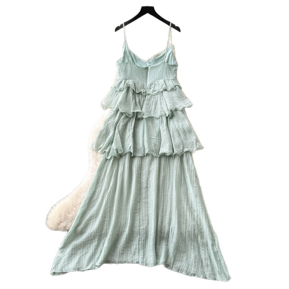 Vacation style halter suspender pure lust style dress women's summerk-stylerufflesv neckhigh waistslimming look long skirt