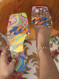 Women's flat square toe slippers sandals - colorful, vacation-ready, sexy chain detail - fashionable women's slippers & sandals
