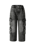 Export kids pants distressed jeans k-style multi-flap pocket pantsloose cool girlstraight-legretroloose pants
