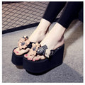 2025 spring/summer new women's beach sandals - ultra high heel, floral design with bear embellishment, fashionable outerwear flip-flops with woven straps
