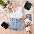 new cross-border fashion: european and american summer girls' one-shoulder cami top + denim butterfly shorts three-piece set