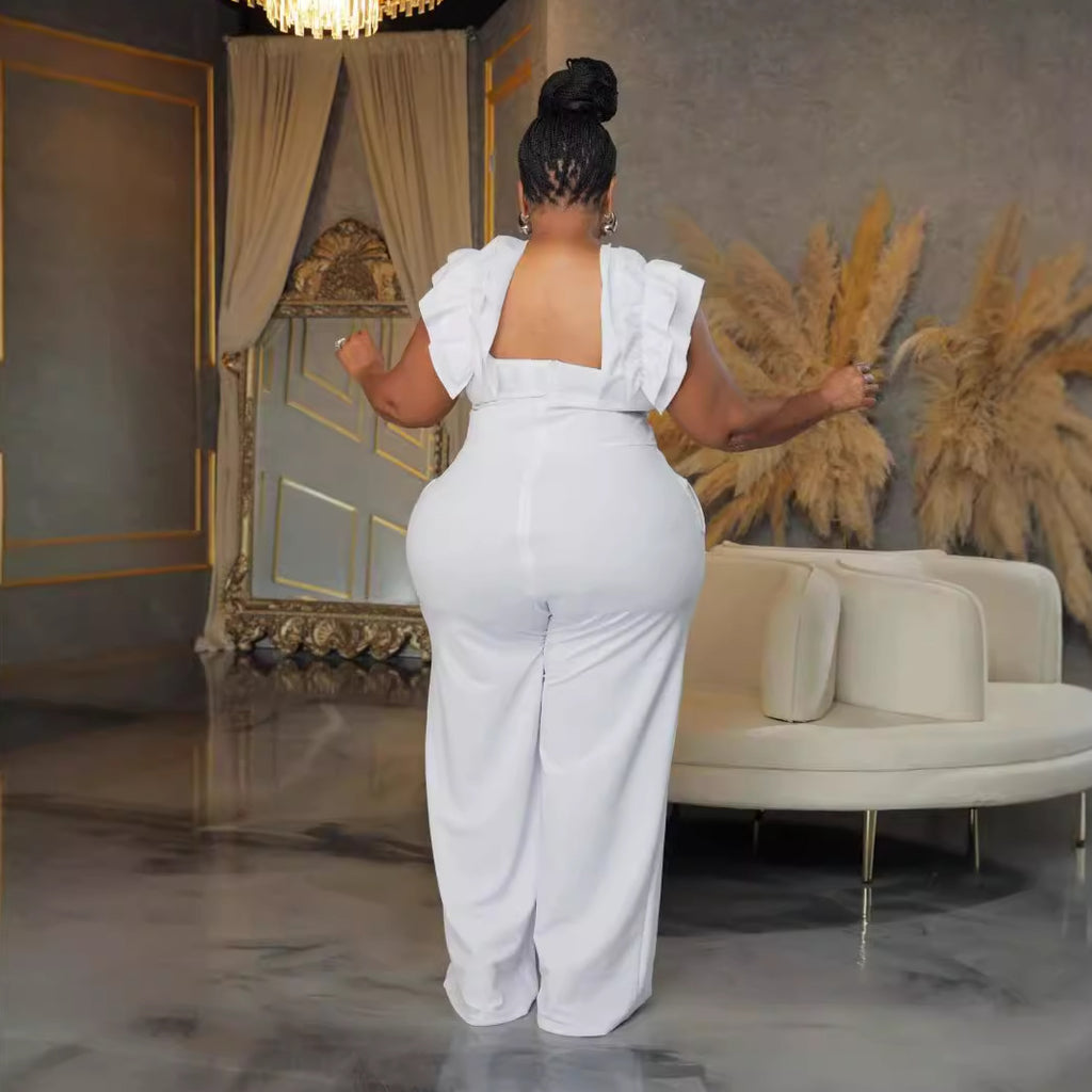 S10889 European and American sexy, large size suspender lace stretch slim wide-leg jumpsuit