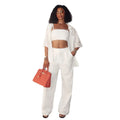 European and american women's clothing  autumn new collection: sweet and fresh turn-down collar hollow-out short sleeve shirt & high-waisted straight-leg pants two-piece set
