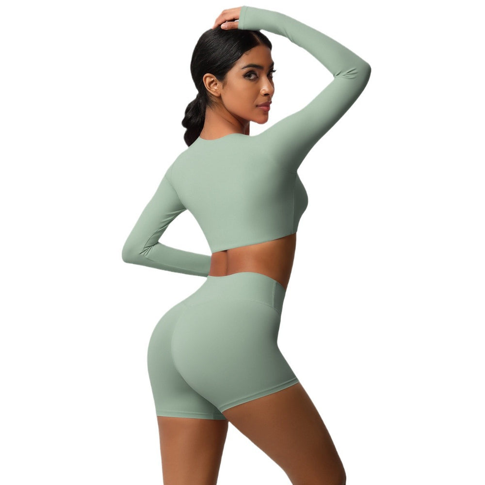 European and american new arrival: brushed long-sleeve yoga set - tight-fit, butt-lifting shorts, quick-dry running & fitness outfit for pilates