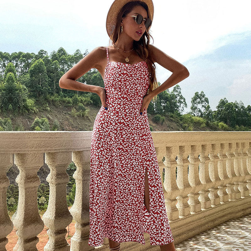 Spot  independent station  summer sexy elegant floral suspender skirt slim split print dress