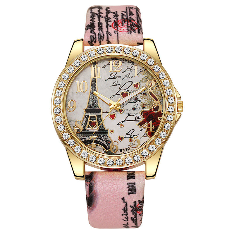 fashion snake print belt printing women's watch eiffel tower digital diamond-encrusted british watch student watch