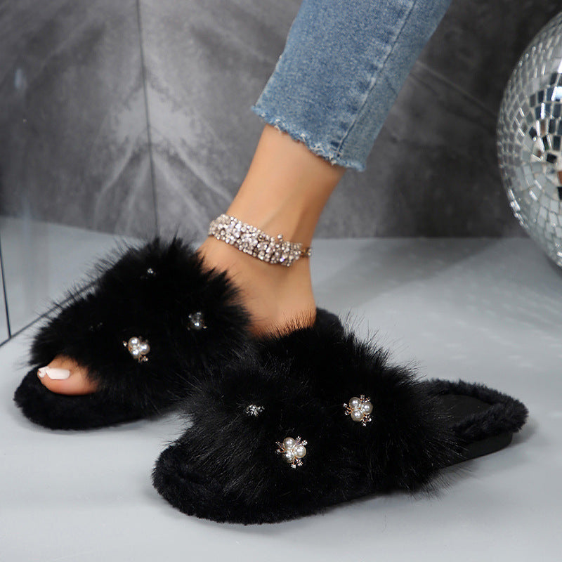 Sweet pearl furry slippers for girls, 2024 autumn/winter collection, thick-soled open-toe cotton slippers, soft sole outdoor wear, front and back slippers