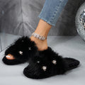 Sweet pearl furry slippers for girls, 2024 autumn/winter collection, thick-soled open-toe cotton slippers, soft sole outdoor wear, front and back slippers