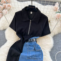Chic hong kong style retro denim dress - women's designer color block slim fit midi dress with short sleeves - elegant and stylish