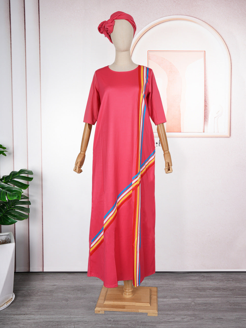 Aliexpress  cross-border supply african plus size european and american women's clothing colorfulstripesdress with headscarf