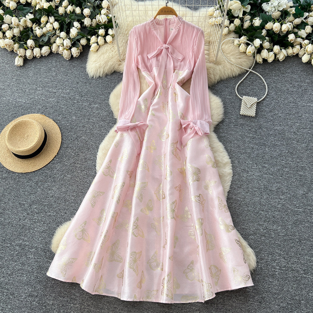 French chic butterfly print square neck dress - women's early spring outfit, high-waisted a-line skirt, figure-flattering, high-end style