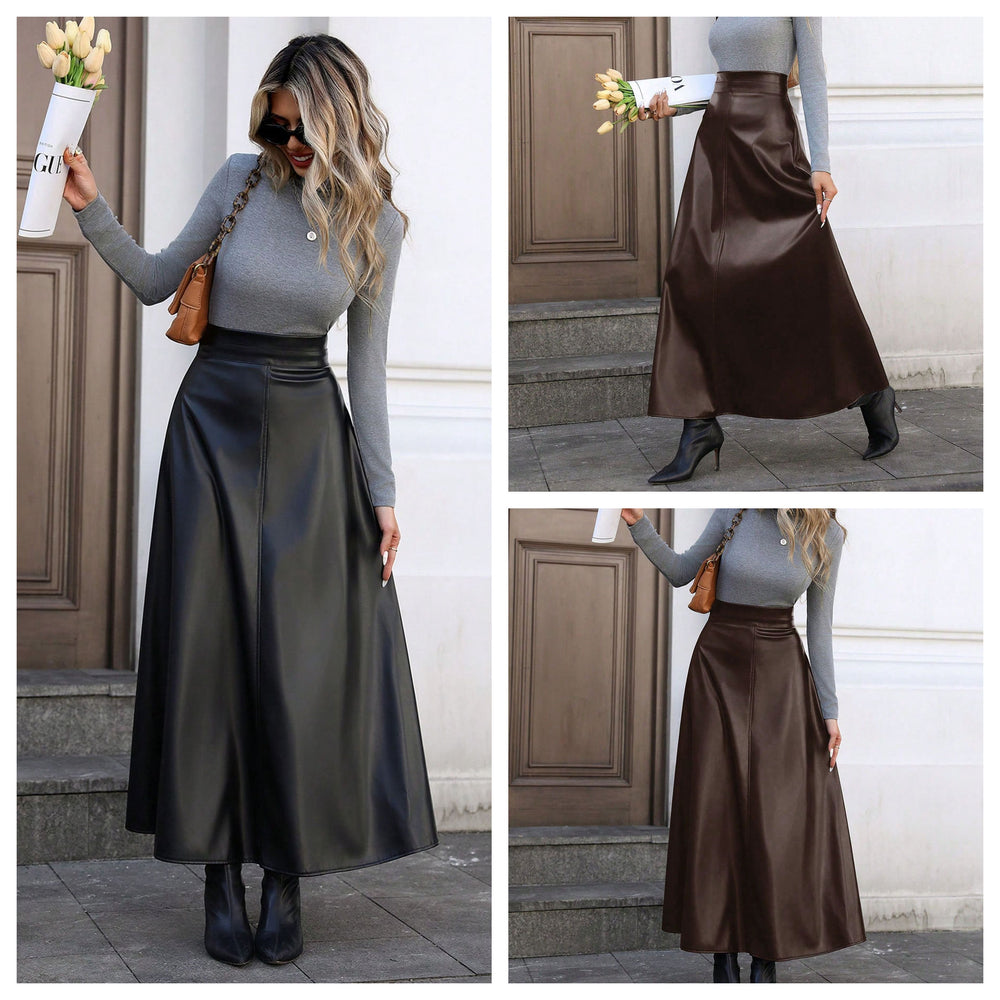 2-73187# cross-border european and american slimming look covering crotch mid-long a-line large swing pu leather skirt women's skirt long skirt