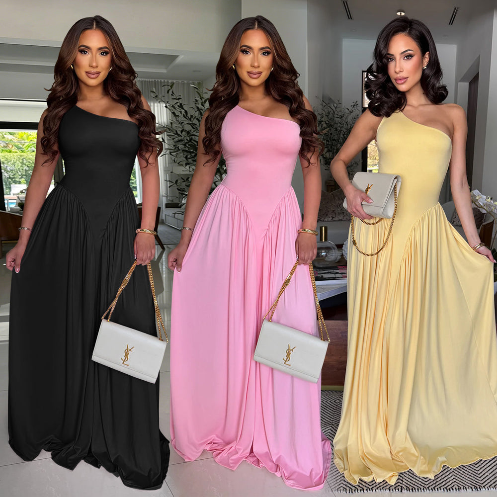 C7680 cross-border   fashion women's elegant waist-defining backless slim-fit one-shoulder dress