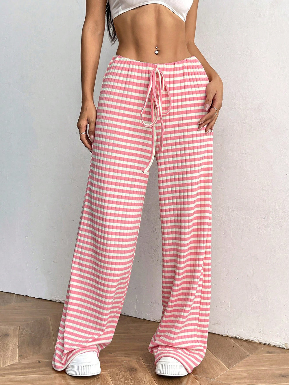 fall/winter  us & european cross-border women's new casual striped solid color elastic drawstring cotton straight-leg pants