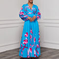 C8582 cross-border new arrival  women's v-neck long sleeve slim-fit printed pleated maxi dress - elegant export dress
