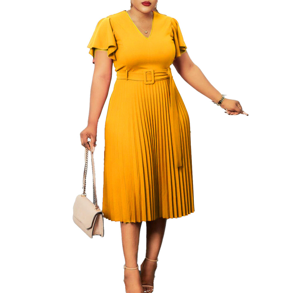 Q006t summer v-neck solid color sexy deep sleeve high waist flared pleated skirt european and american african foreign trade plus size dress