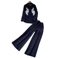 Lazy style pink embroidersequinshirtloose pantstwo-piece set female autumwork clothingslimming lookelegantfashionsuit