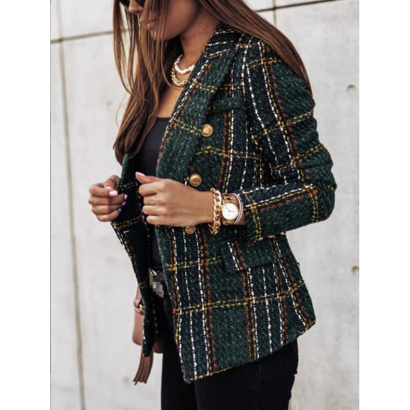 Independent station new arrival fall and winterlong sleeves double-breasted suit collar printing small outwear women's clothing