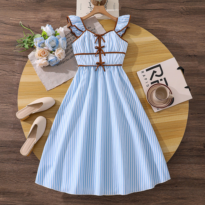 hot-selling children's clothing 26 spring and summer new arrivalfashionretrostripes suspender backless waist large swing girldress
