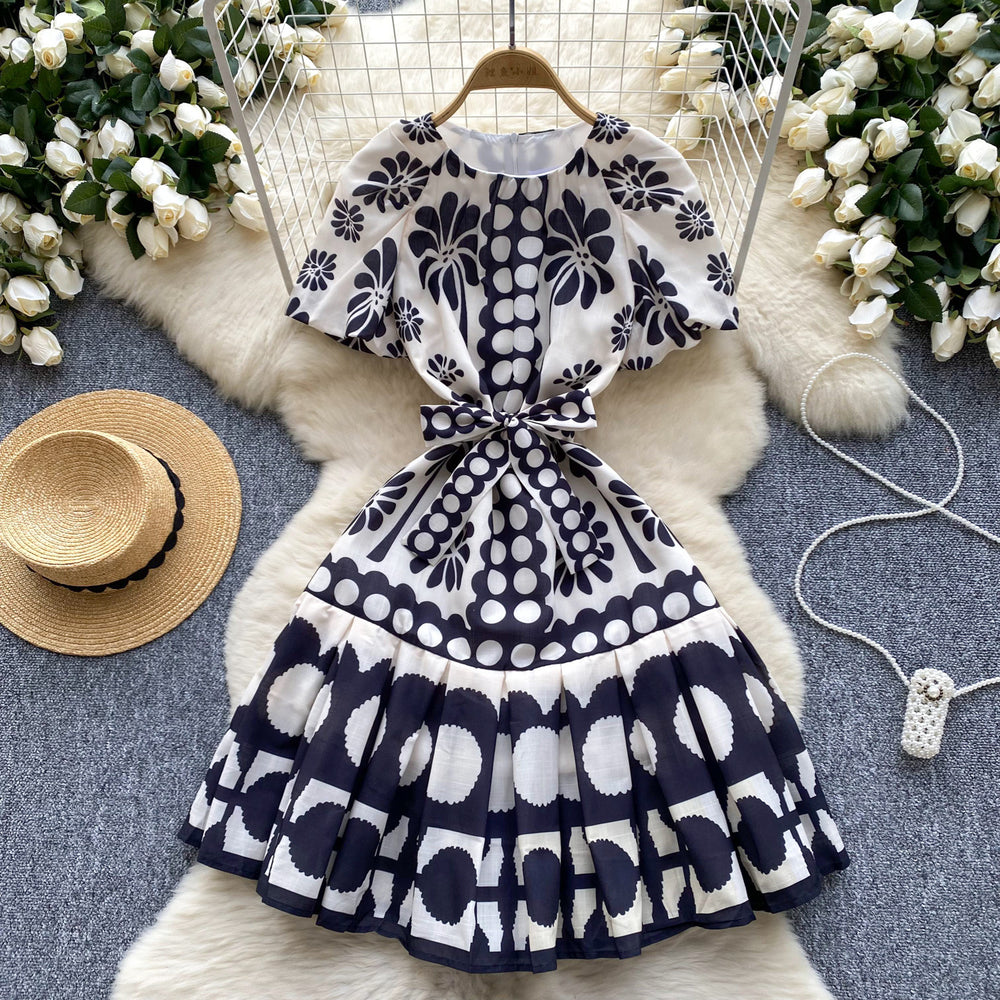 European and american style high-end printed bubble sleeve dress - women's summer tie-waist design, elegant petite midi dress