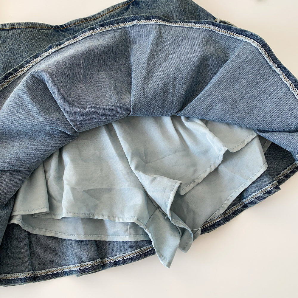 Exportretro denim style tube topvest pleated skirt two-piece set women's summer slimming look suit