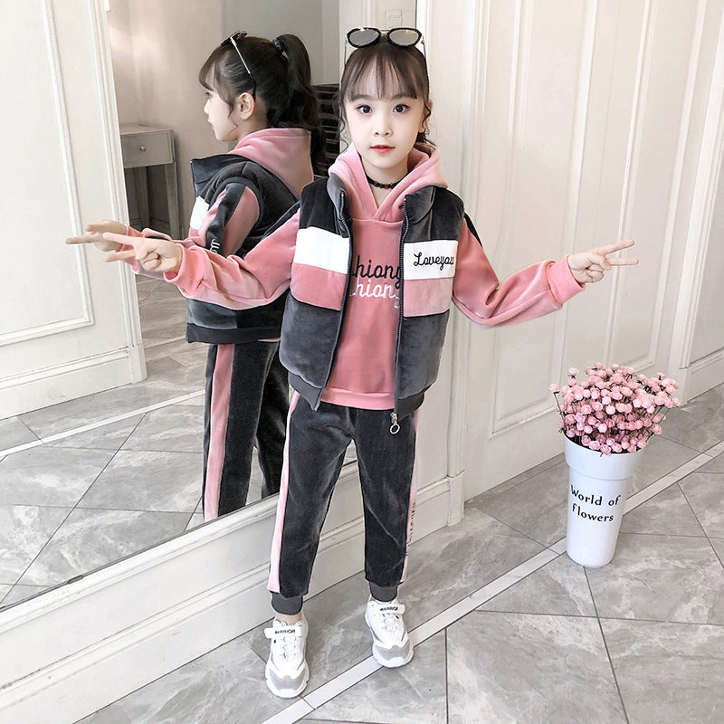 Girls' winter sweatshirt and pants set -  autumn/winter collection - new thickened three-piece outfit for older girls and children (includes vest)