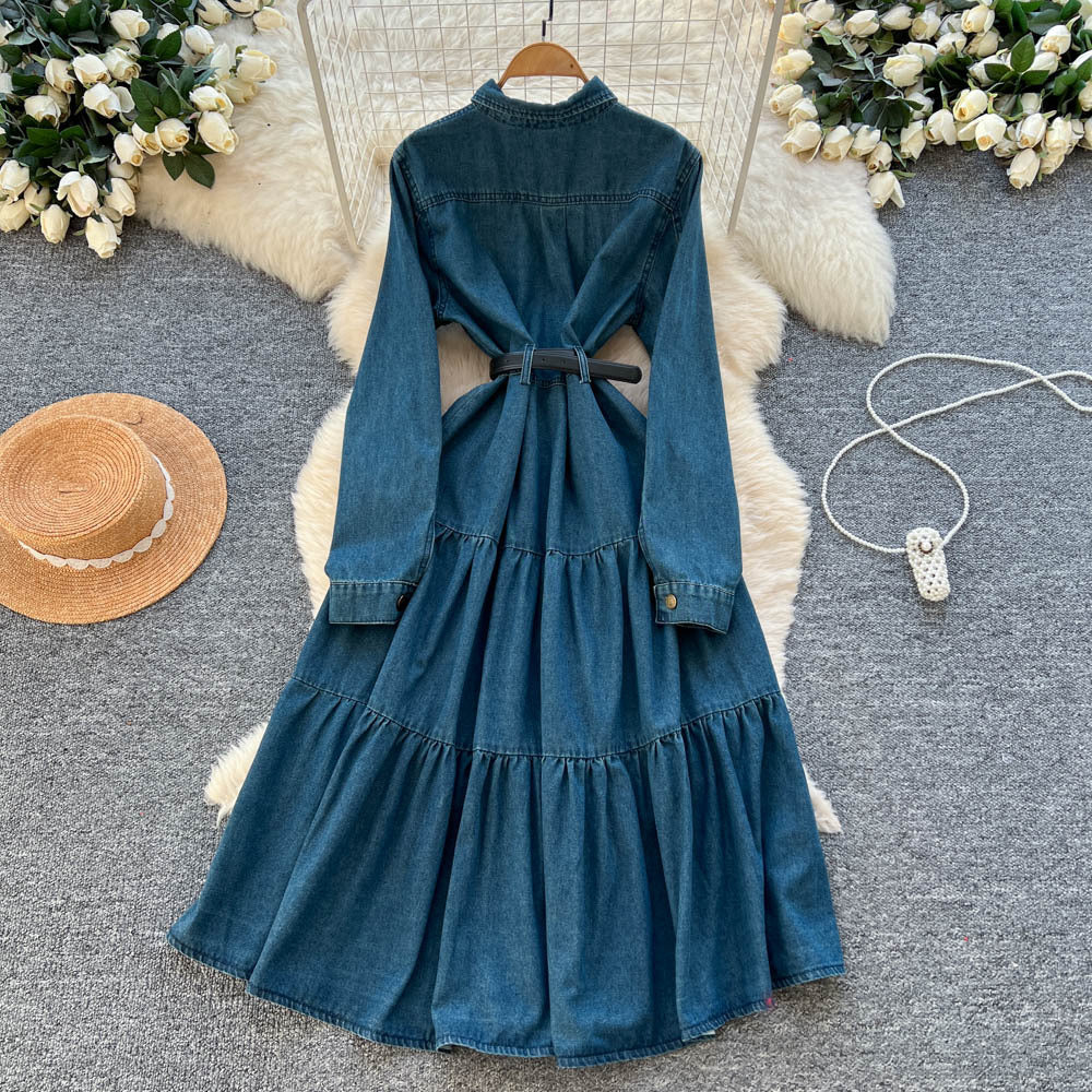 French retroelegancedress women's autumniche styleclassy light mature style strap waist metal buckle denim skirt