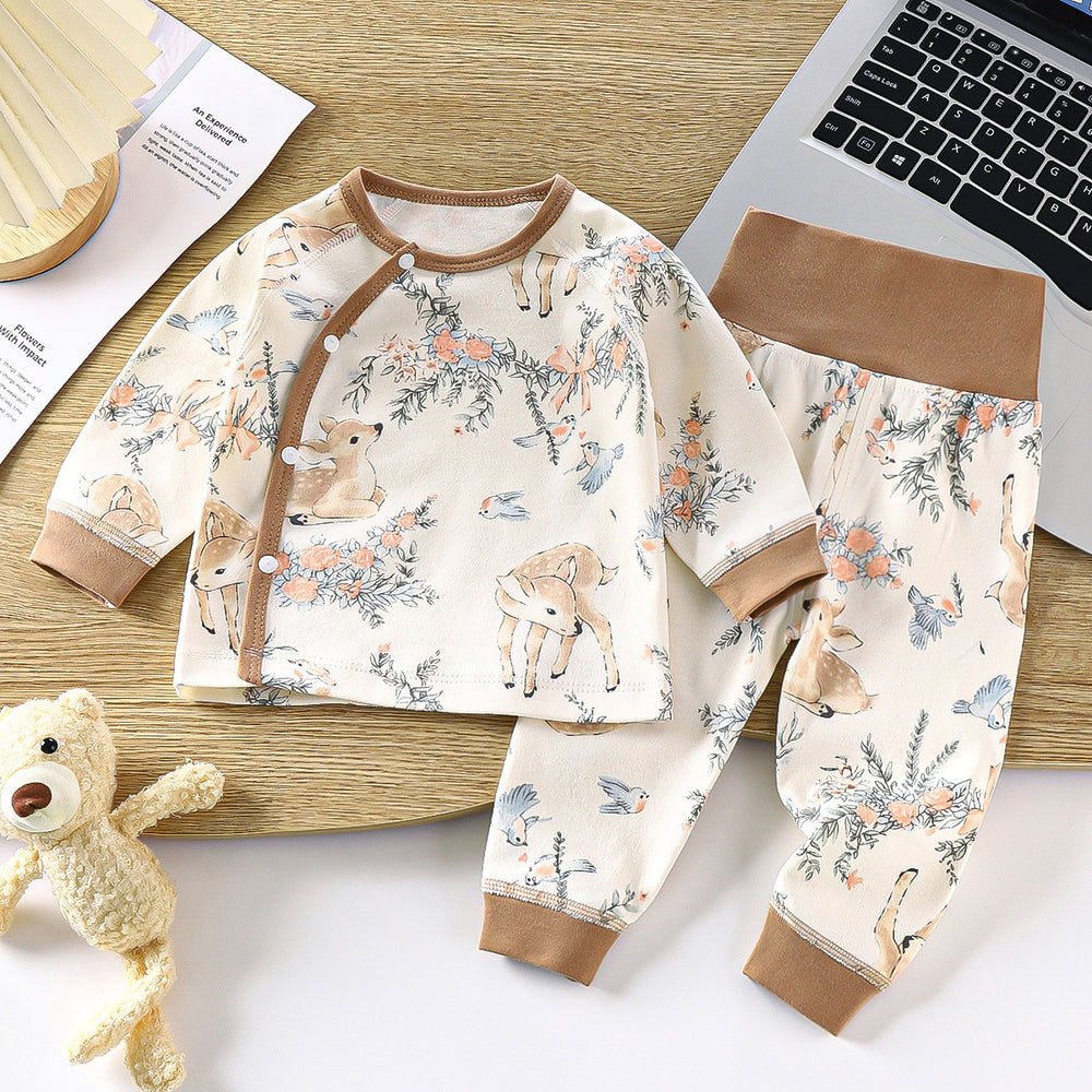 Newborn baby underwear set, all-cotton seamless thermal underwear, cute cartoon design, high-waisted pants for baby, belly protection