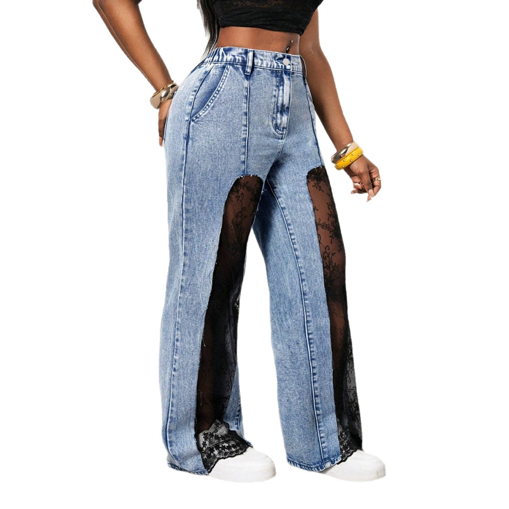 Fashionjeans women's high waist washed front slit patchworklace lined micro-flared jeans hot girl stylishpants