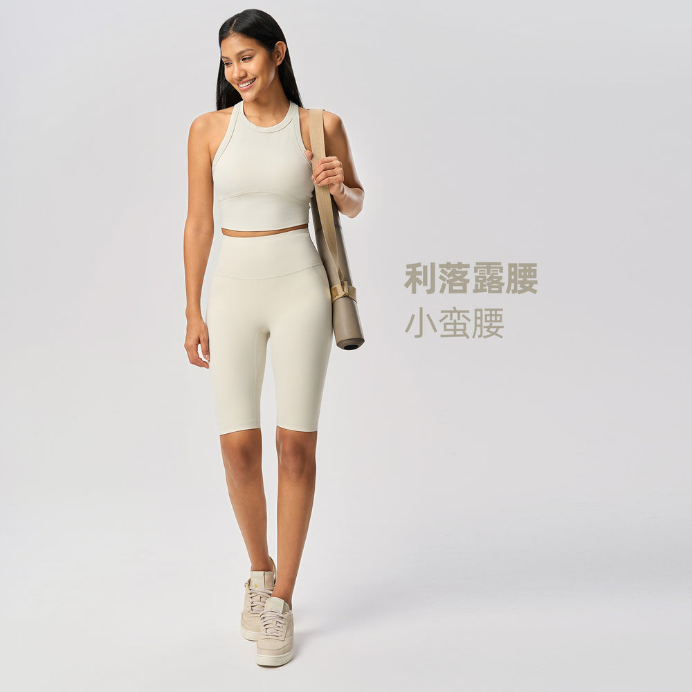 Short sleeveless sports vest women's nude stretch fixed cup high round neck fitness yoga clothes topsd25030
