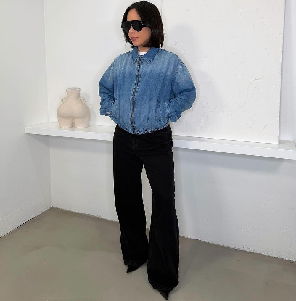 European and american style women's casual denim jacket - new  foreign trade women's washed long sleeve zip-up outerwear