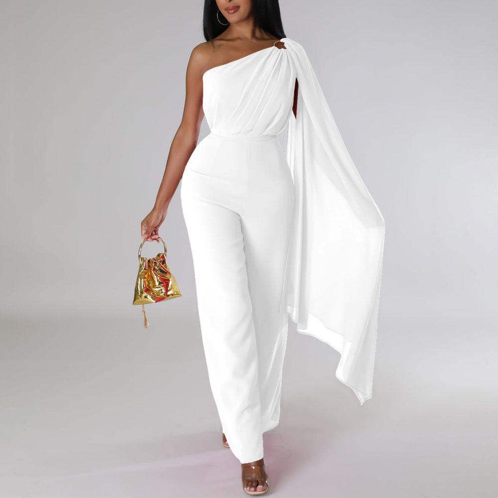 C8560 cross-border women's clothing independent station foreign trade pure colorolsexy one-shoulder banquet fashion dress african jumpsuit