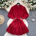 Accessible luxury palace style puff sleeve dress women's summer mesh embroiderpatchwork stand collar design elegant royal sister short skirt
