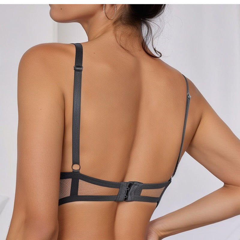 European and american wholesale transparent mesh women's underwear cross-border ultra-thin lace bra wireless triangle cup bra