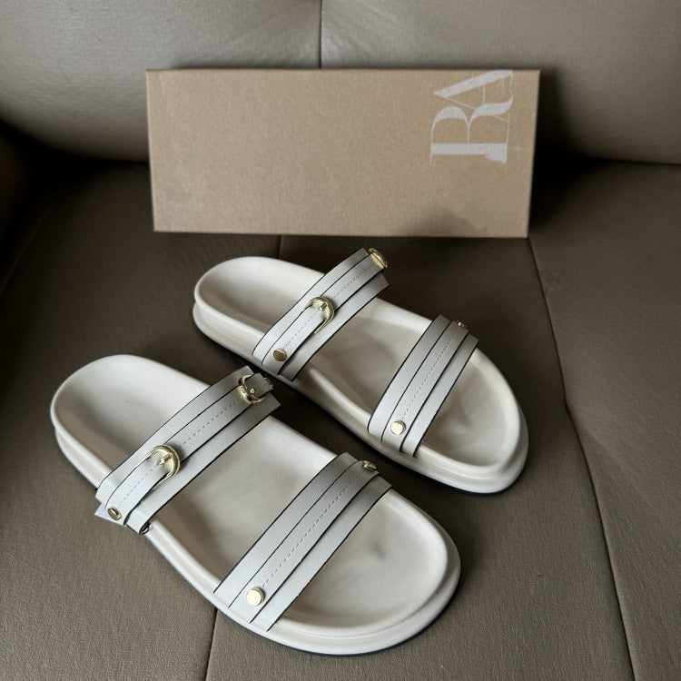Spanish trendy brand summer new white buckle flat sandals outdoor thick sole flip flops beach sandals