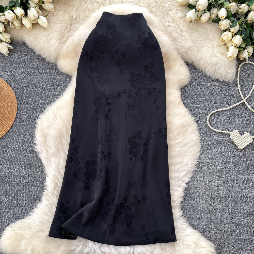 French acetate satin jacquard printed a-line midi skirt - korean style high waist slimming workwear spring new arrival