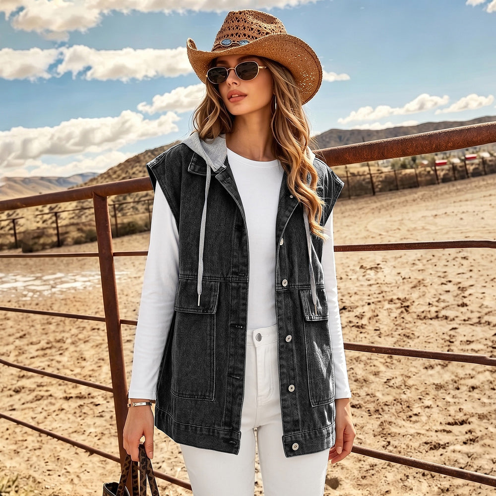 European and american cross-border foreign trade  lapel front button stereo large pocket waist casual layered denim waistcoat for women